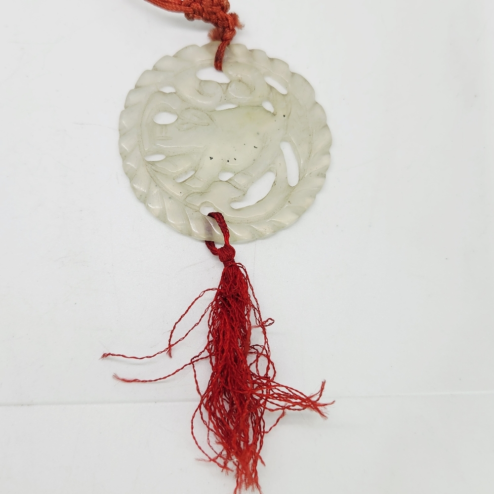 Chinese Carved Pig Figure Light Green Jade Pendant  w/ embroidered silk tassels